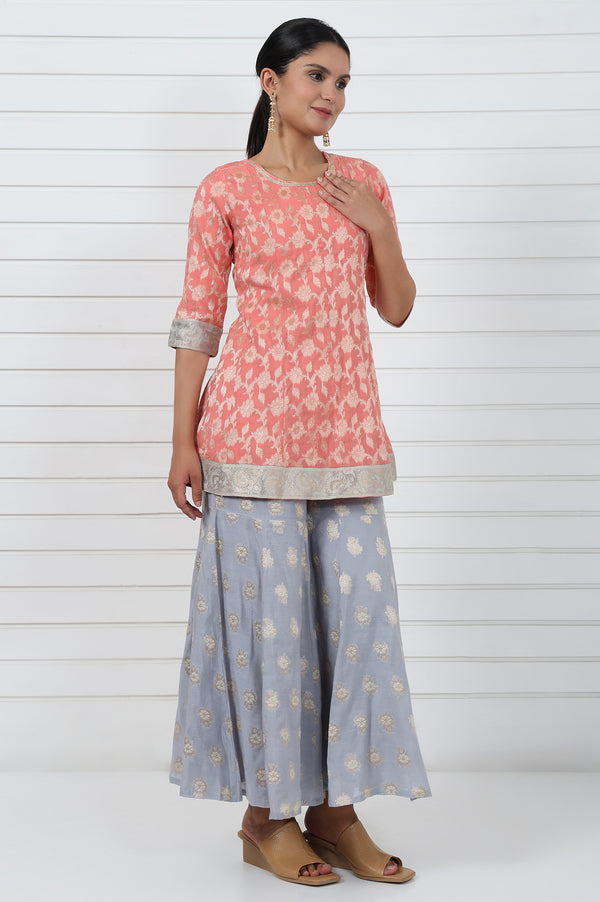Rose  Abstract Printed Lace Jacquard A-Line Kurta, Sharara And Dupatta Set