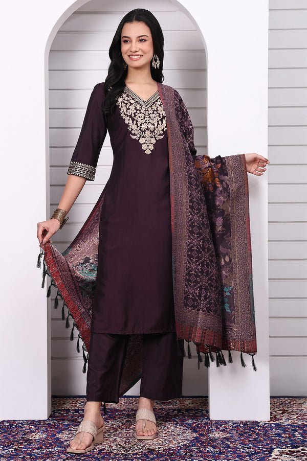Purple Zari Embroidered Rayon Straight Kurta, Palazzo and Dupatta Set