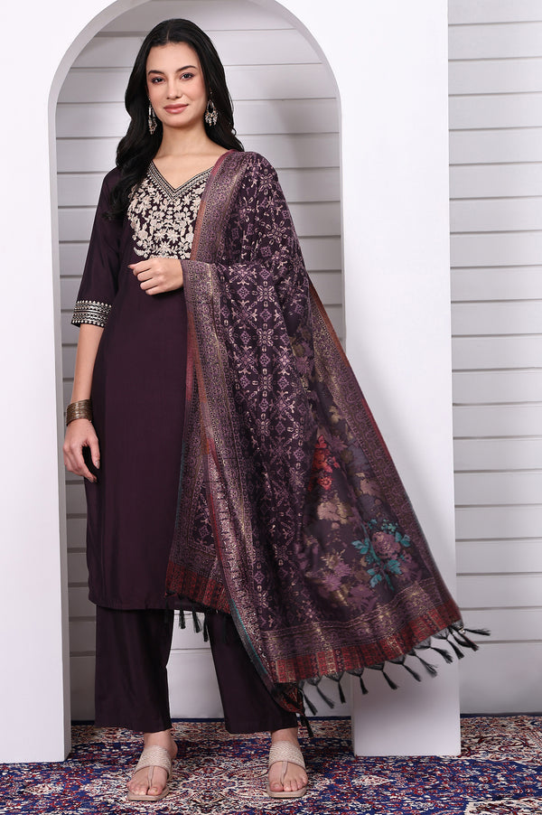 Purple Zari Embroidered Rayon Straight Kurta, Palazzo and Dupatta Set