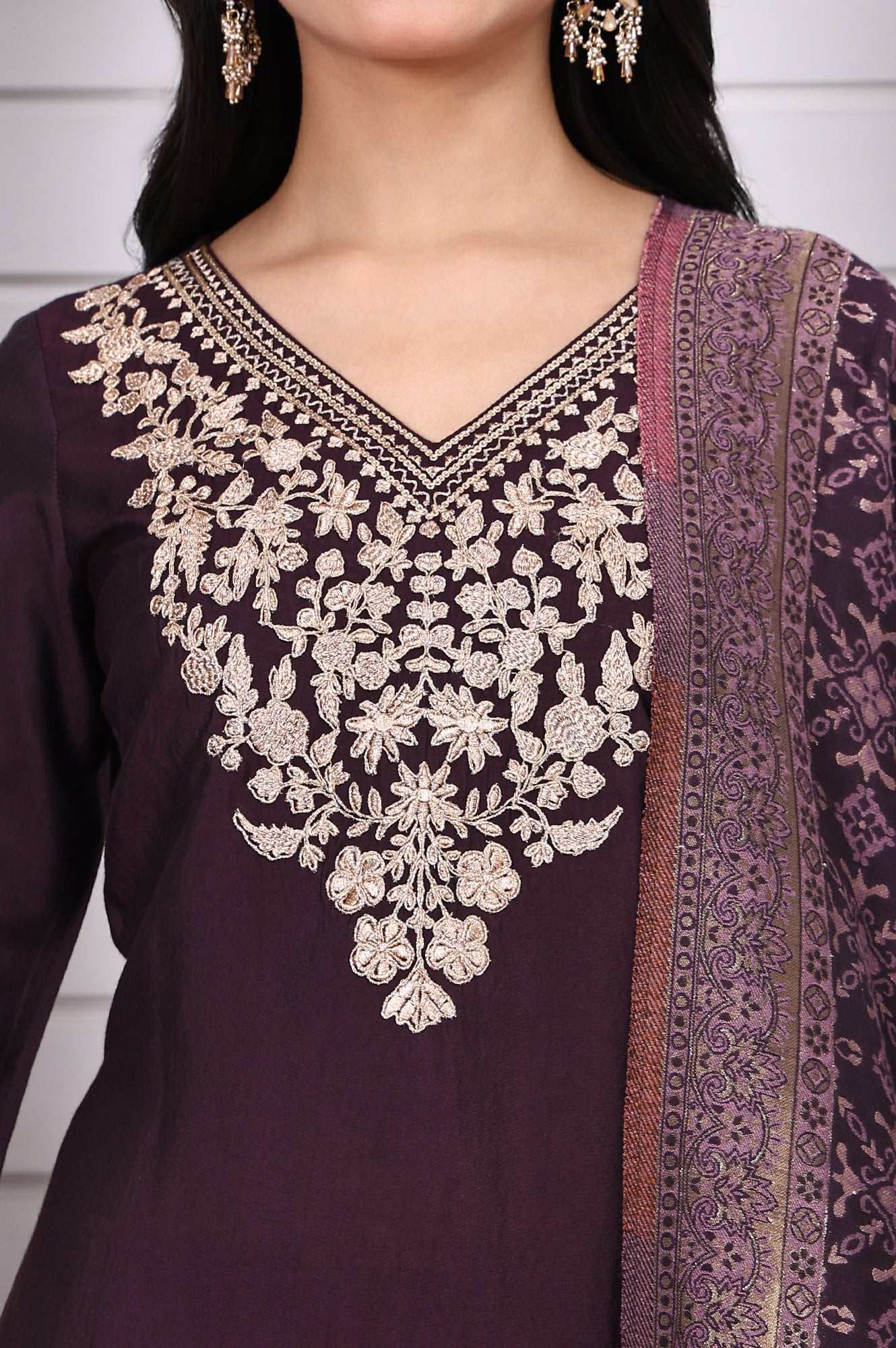 Purple Zari Embroidered Rayon Straight Kurta, Palazzo and Dupatta Set