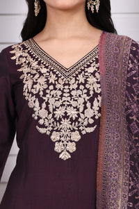 Purple Zari Embroidered Rayon Straight Kurta, Palazzo and Dupatta Set
