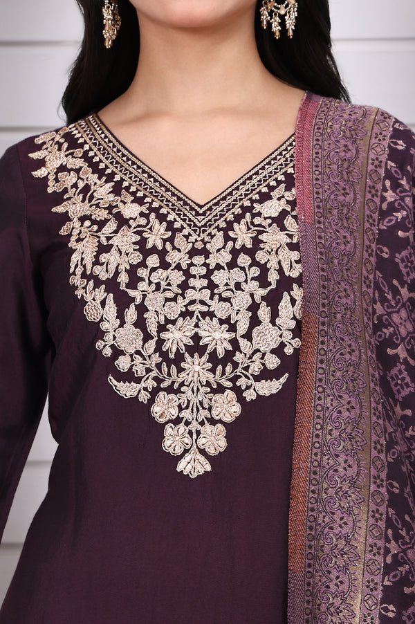 Purple Zari Embroidered Rayon Straight Kurta, Palazzo and Dupatta Set