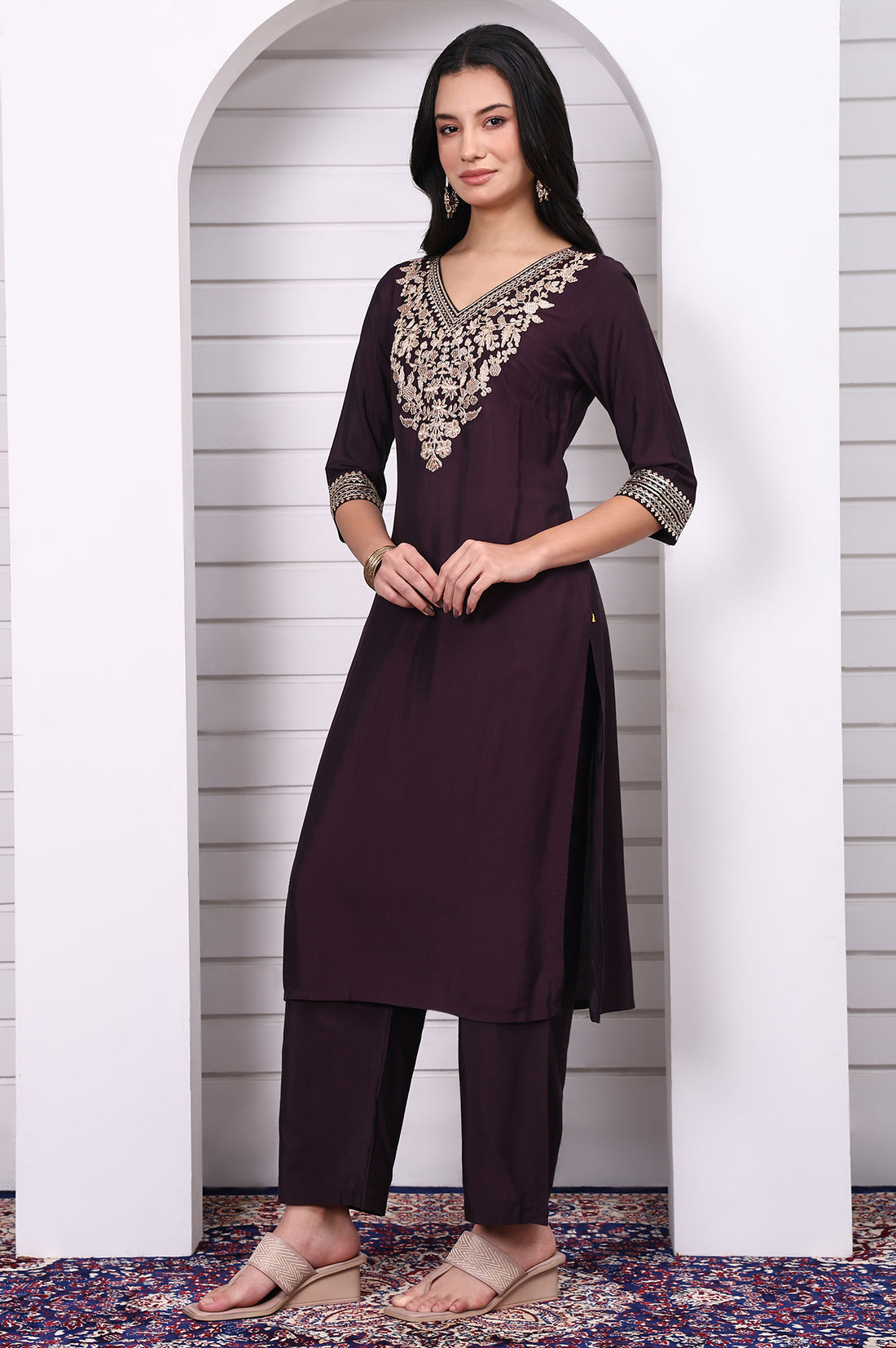 Purple Zari Embroidered Rayon Straight Kurta, Palazzo and Dupatta Set