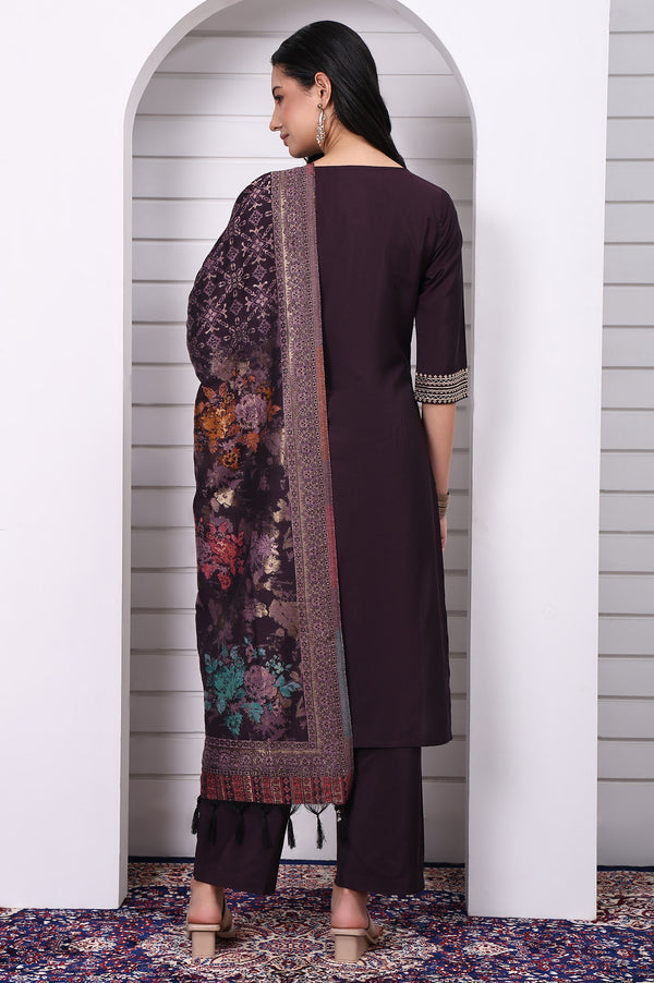 Purple Zari Embroidered Rayon Straight Kurta, Palazzo and Dupatta Set