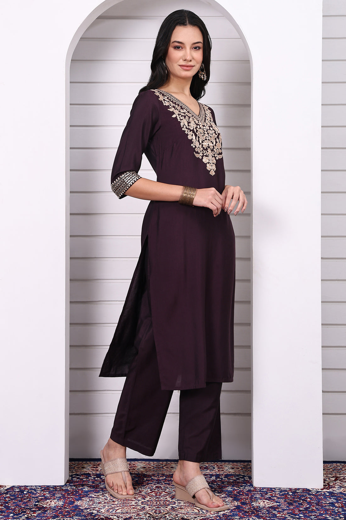 Purple Zari Embroidered Rayon Straight Kurta, Palazzo and Dupatta Set