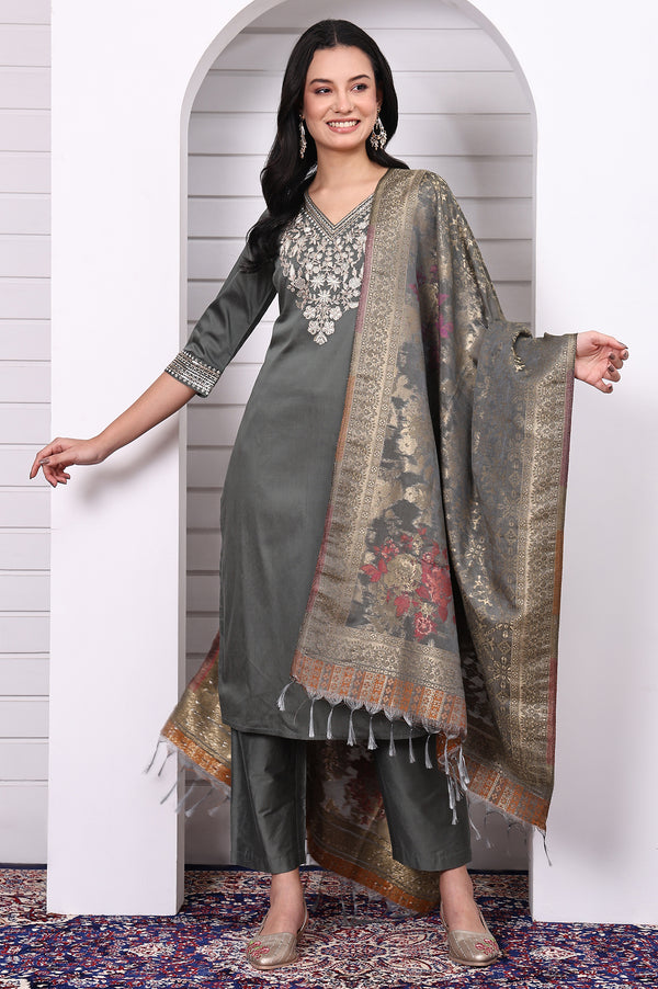 Green Zari Embroidered Rayon Straight Kurta, Palazzo and Dupatta Set