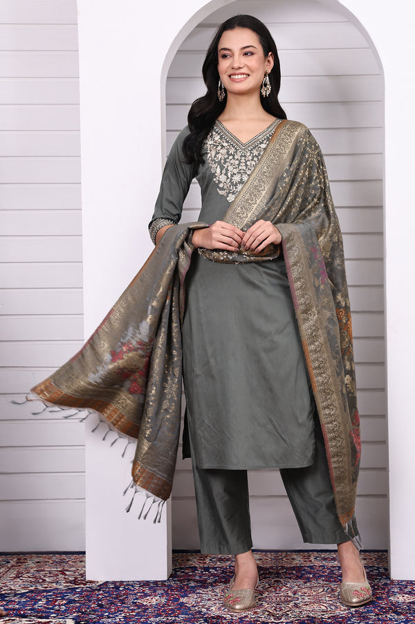 Green Zari Embroidered Rayon Straight Kurta, Palazzo and Dupatta Set