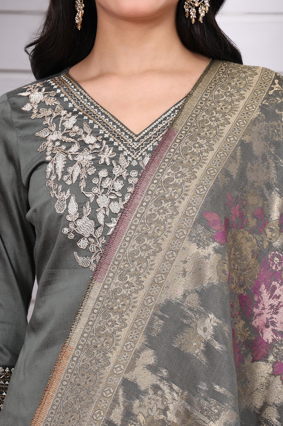 Green Zari Embroidered Rayon Straight Kurta, Palazzo and Dupatta Set