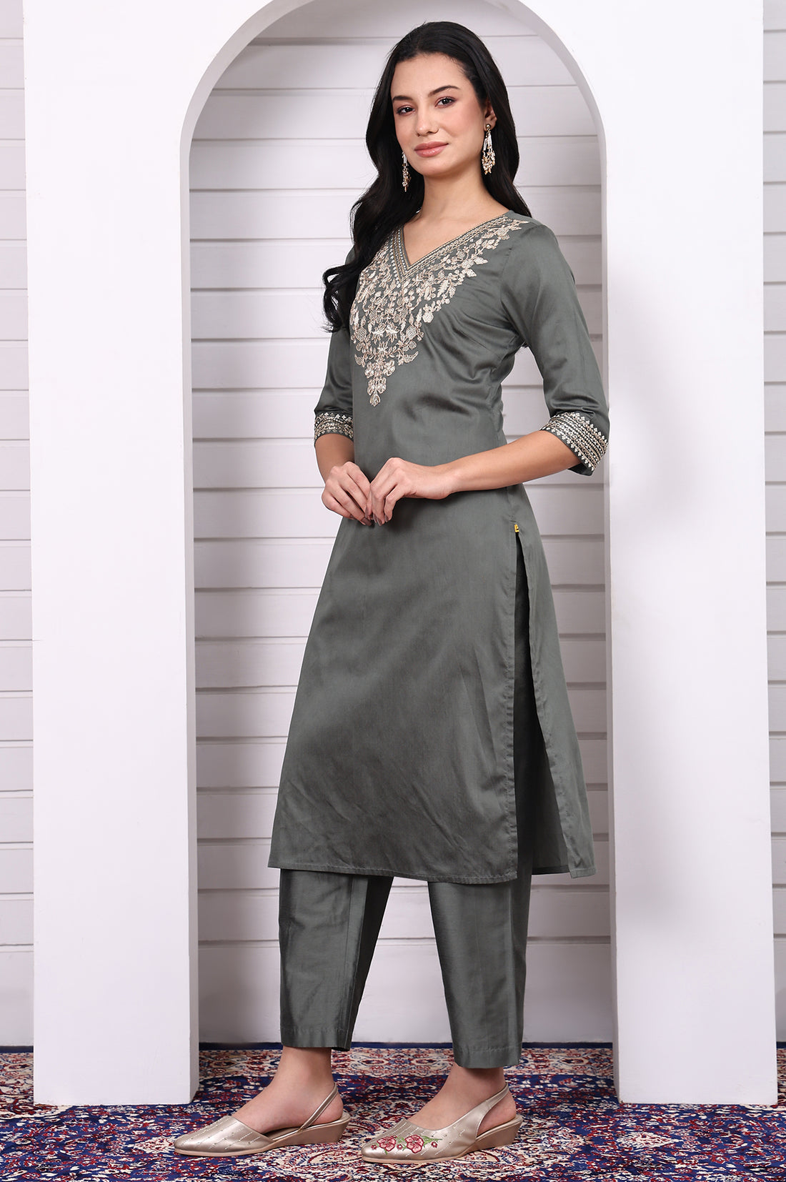 Green Zari Embroidered Rayon Straight Kurta, Palazzo and Dupatta Set