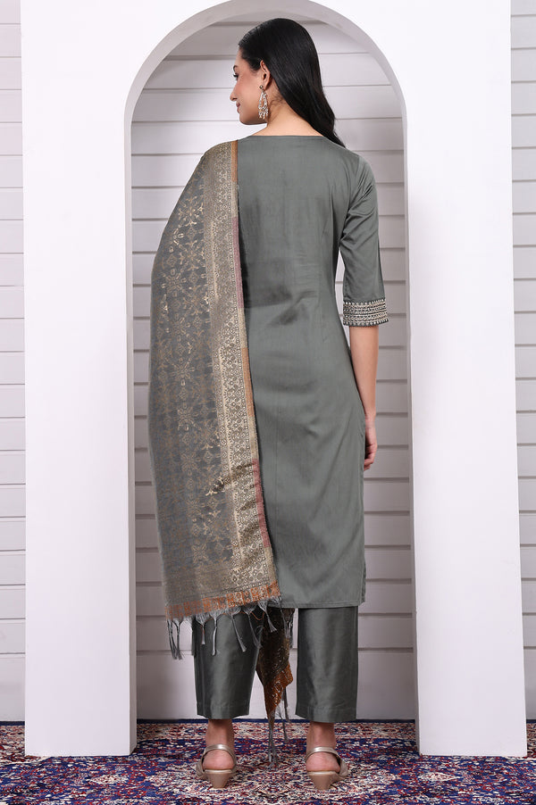 Green Zari Embroidered Rayon Straight Kurta, Palazzo and Dupatta Set