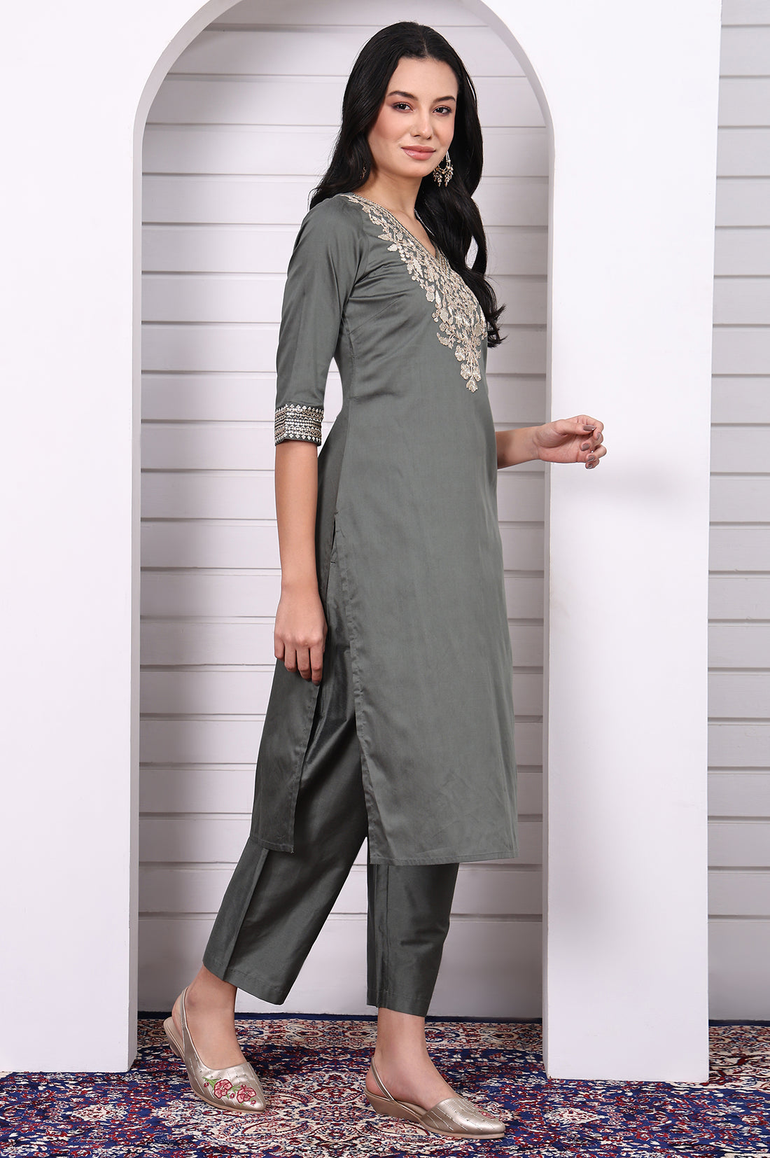 Green Zari Embroidered Rayon Straight Kurta, Palazzo and Dupatta Set