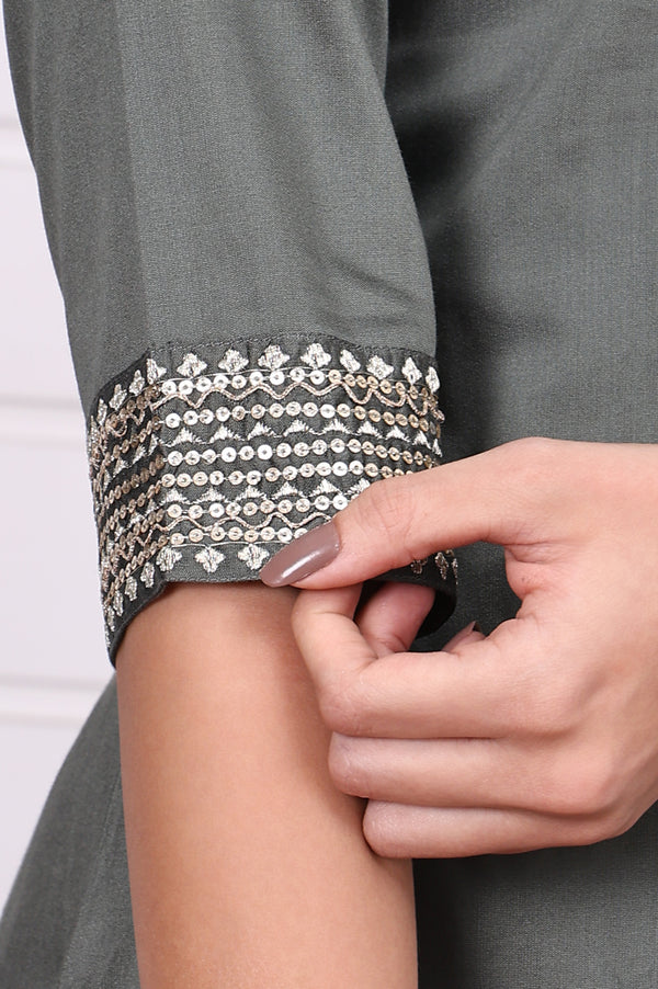 Green Zari Embroidered Rayon Straight Kurta, Palazzo and Dupatta Set