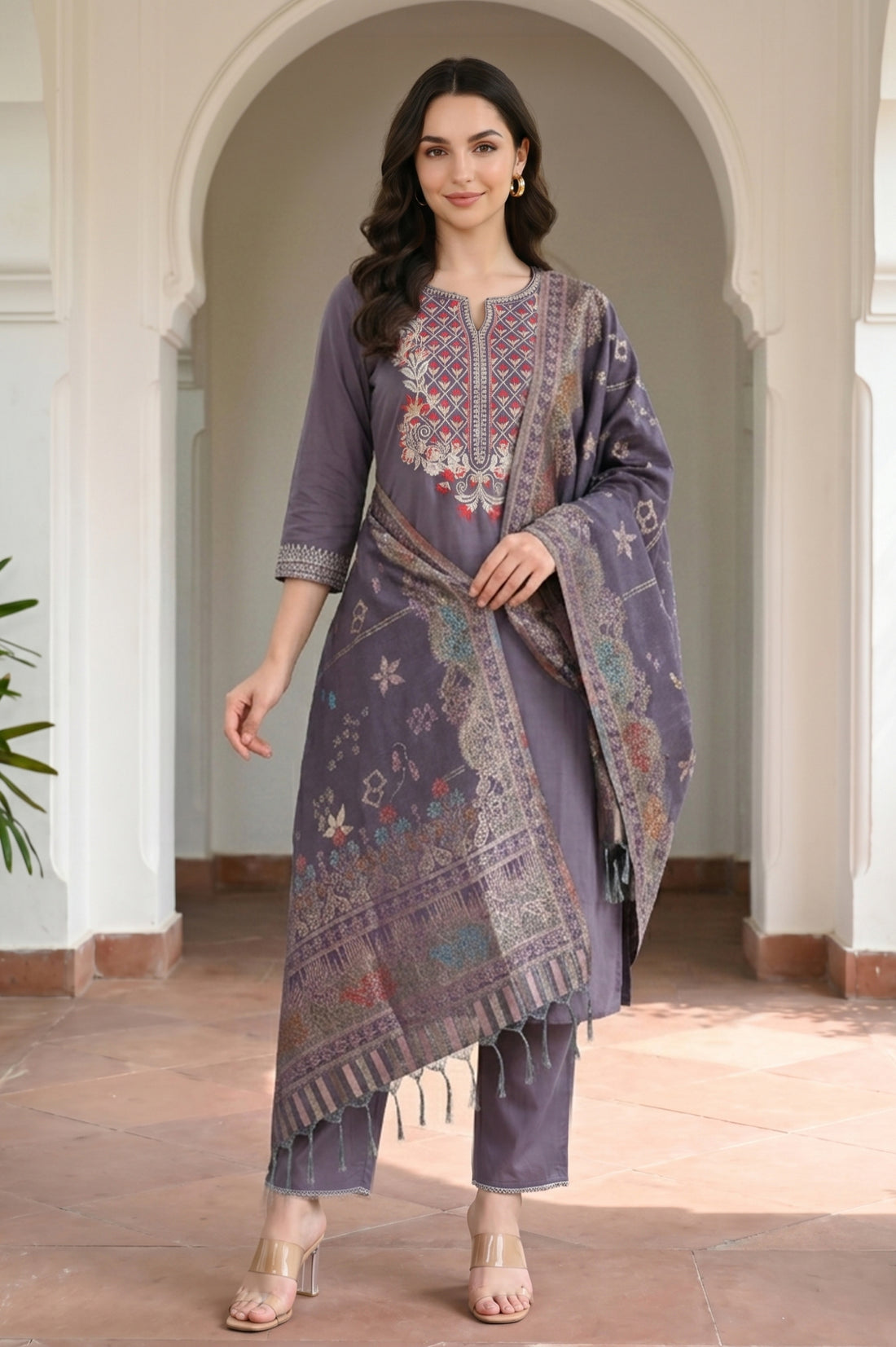 Grey Yarn Dyed Solid Straight Fit Ankle Length Palazzo