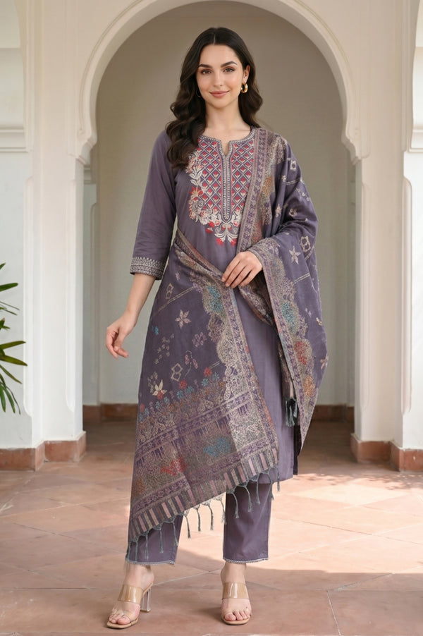 Grey Yarn Dyed Solid Straight Fit Ankle Length Palazzo