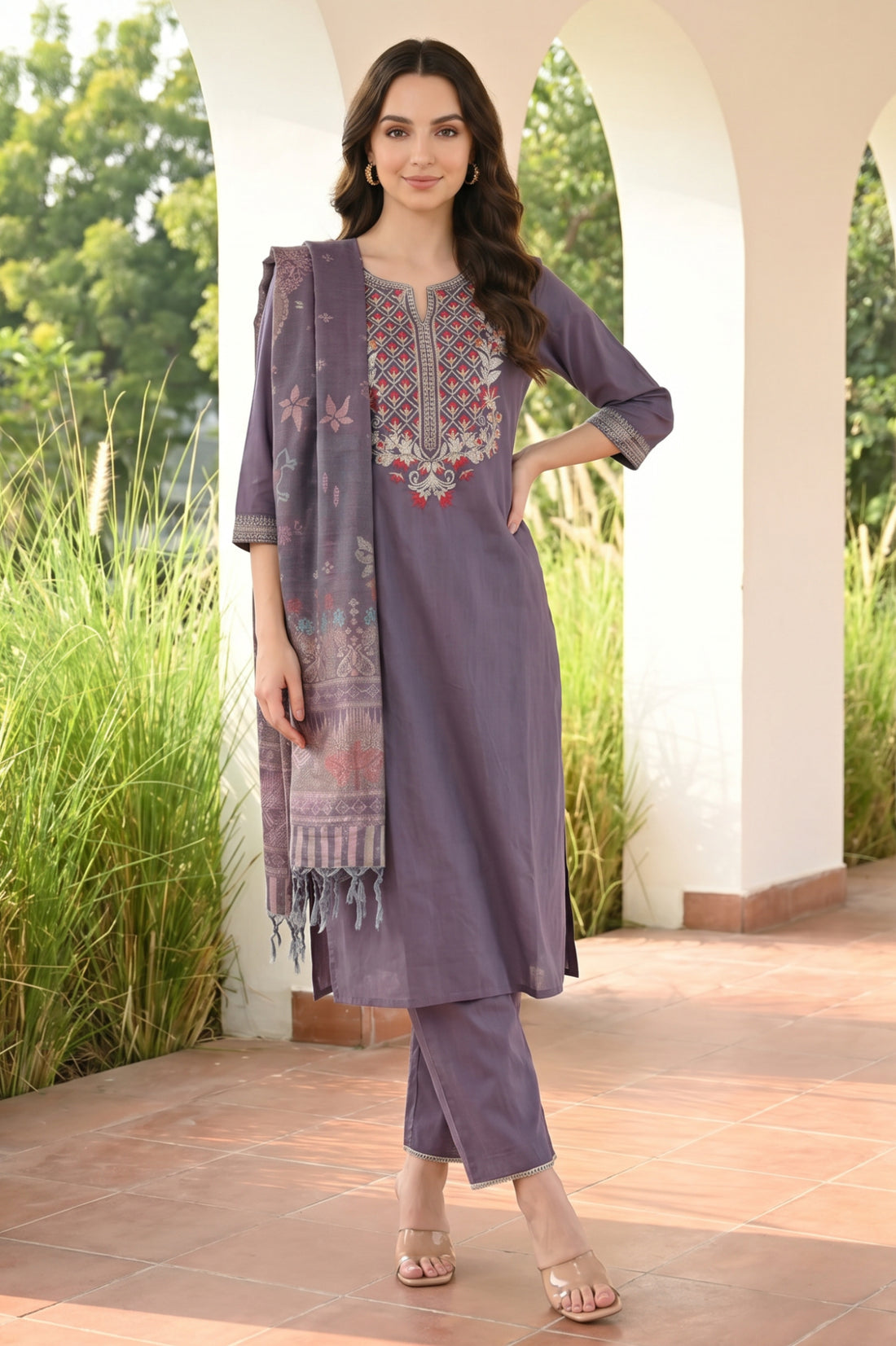 Grey Yarn Dyed Tassels &amp; Pompoms Ethnic Motifs Jacquard Dupatta