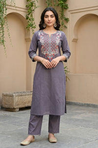 Grey Yarn Dyed Embroidered Straight Kurta