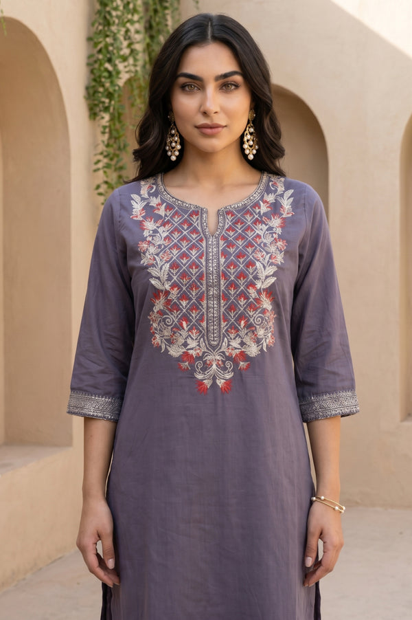 Grey Yarn Dyed Embroidered Straight Kurta