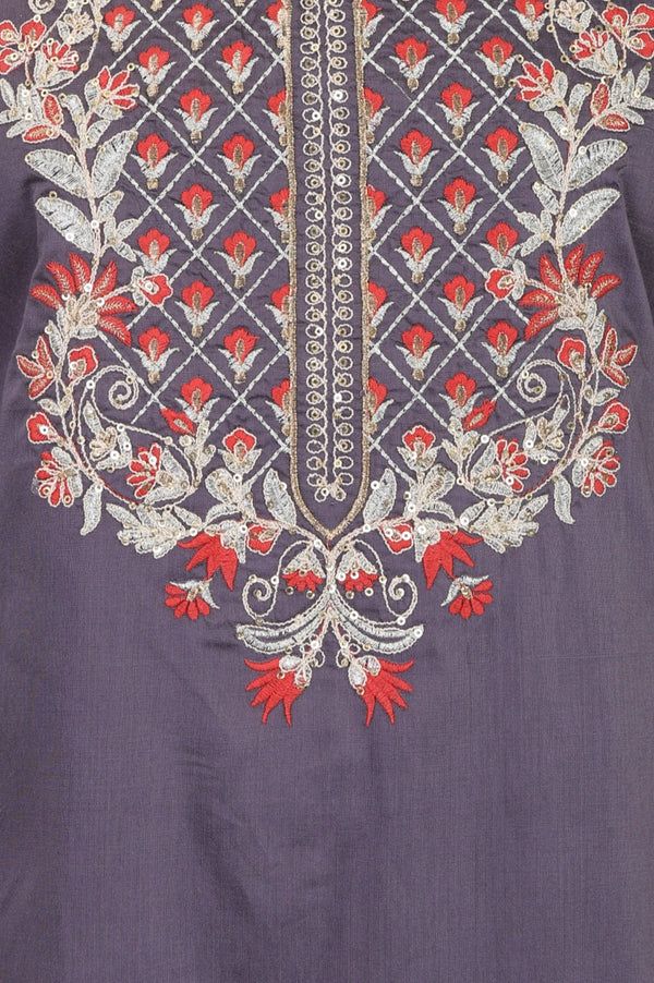 Grey Yarn Dyed Embroidered Straight Kurta