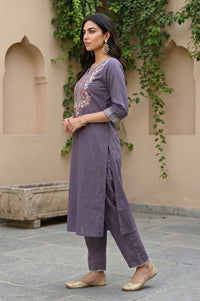 Grey Yarn Dyed Embroidered Straight Kurta