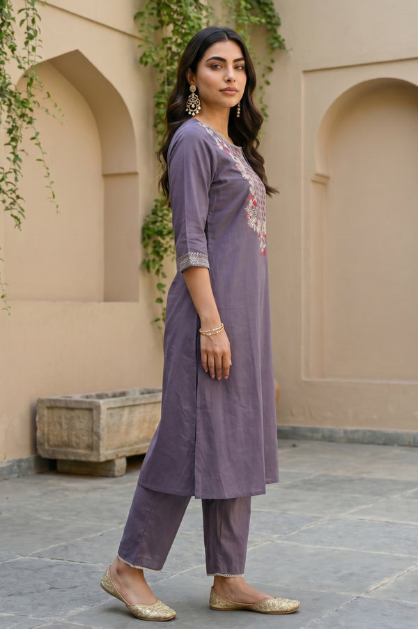 Grey Yarn Dyed Embroidered Straight Kurta
