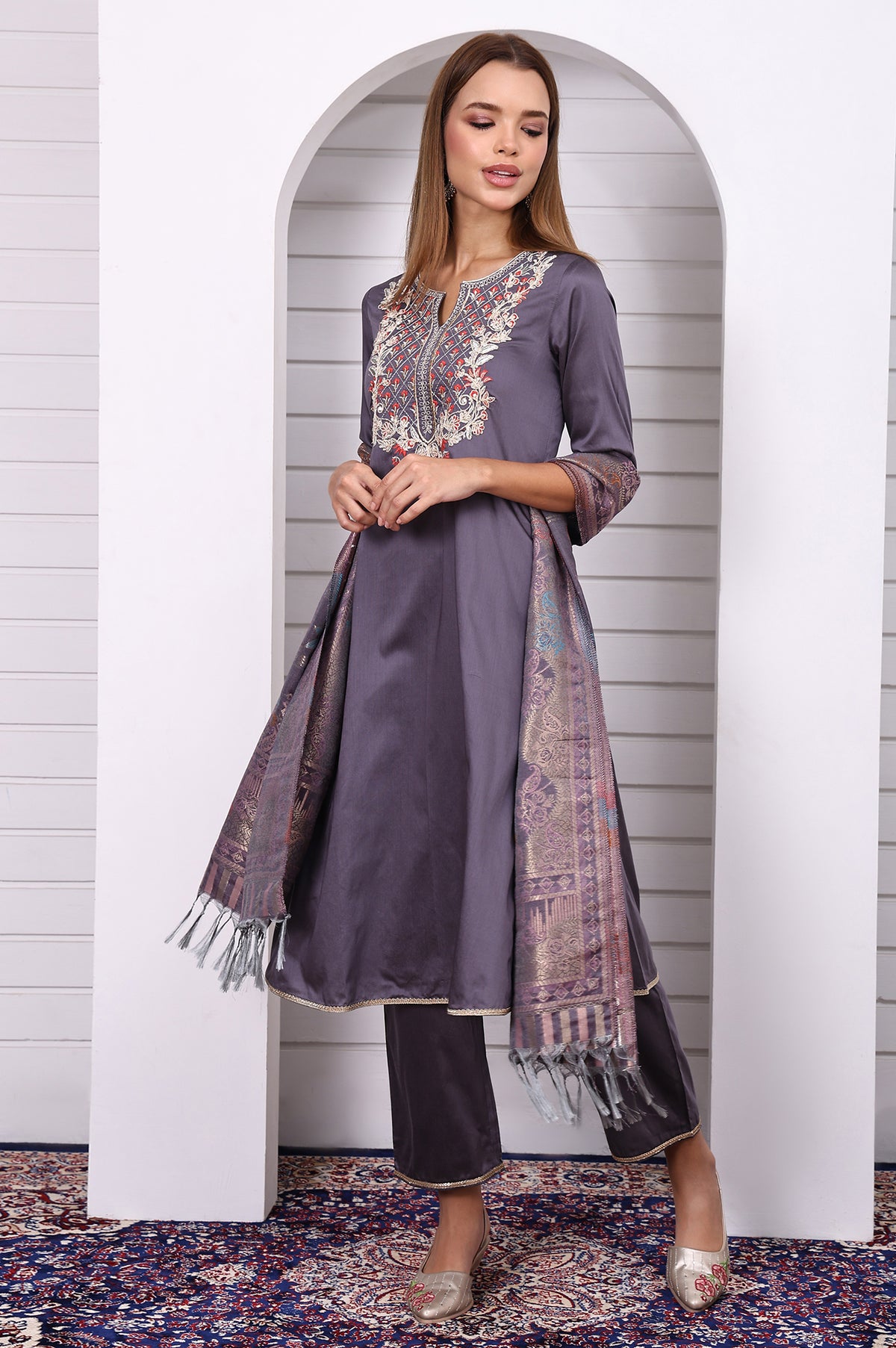 Purple Zari Embroidered Rayon A-line Kurta, Palazzo and Dupatta Set - S