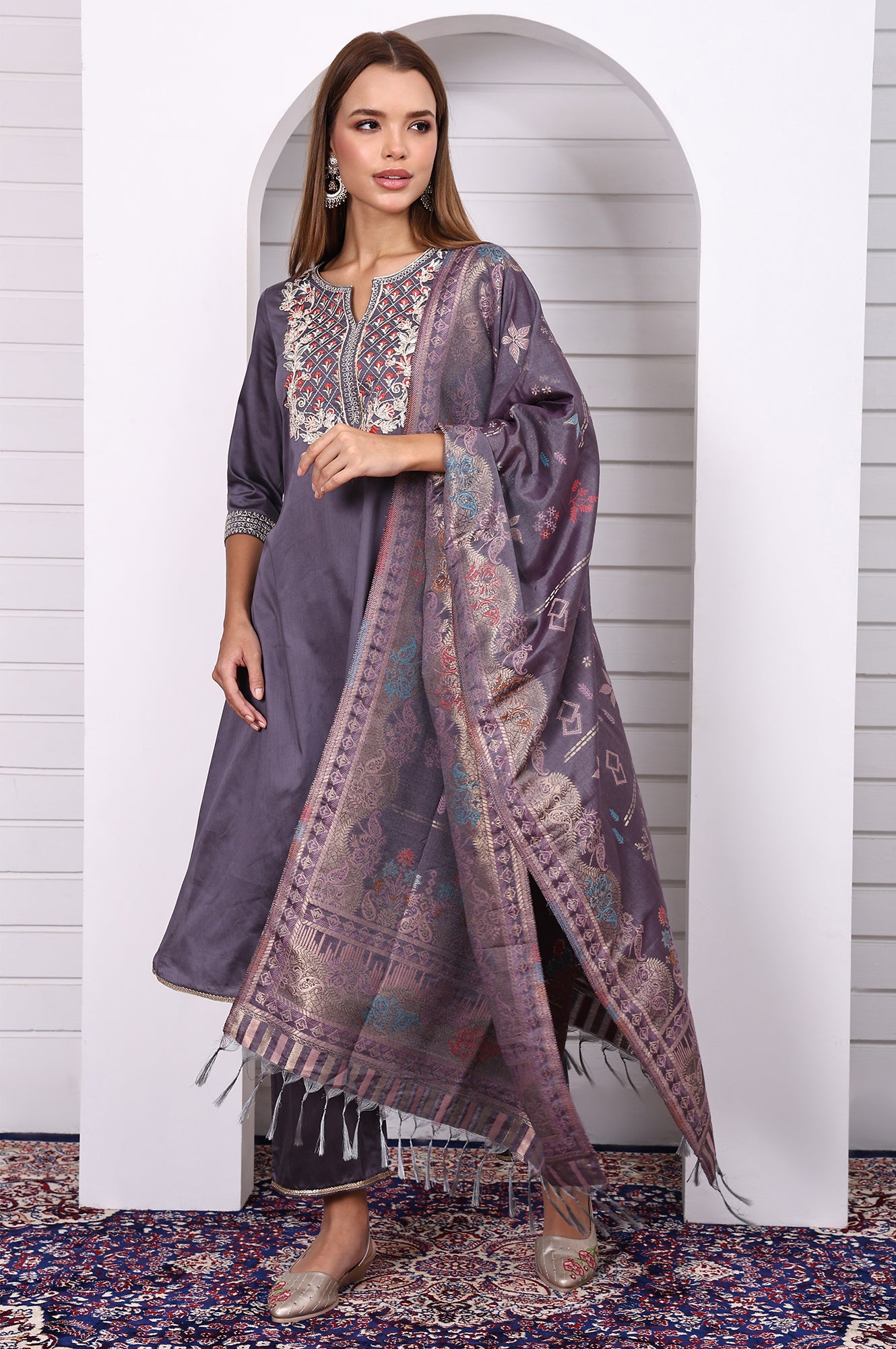 Purple Zari Embroidered Rayon A-line Kurta, Palazzo and Dupatta Set
