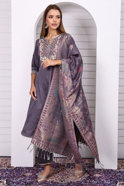 Purple Zari Embroidered Rayon A-line Kurta, Palazzo and Dupatta Set