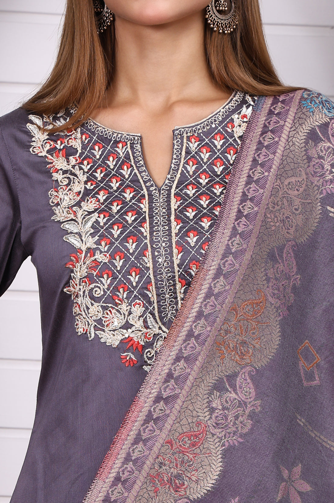 Purple Zari Embroidered Rayon A-line Kurta, Palazzo and Dupatta Set