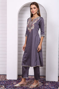 Purple Zari Embroidered Rayon A-line Kurta, Palazzo and Dupatta Set