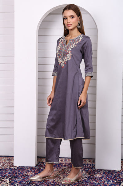 Purple Zari Embroidered Rayon A-line Kurta, Palazzo and Dupatta Set