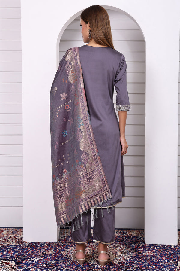 Purple Zari Embroidered Rayon A-line Kurta, Palazzo and Dupatta Set