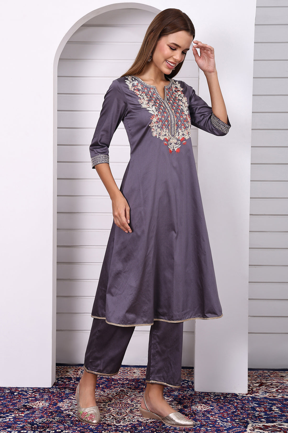 Purple Zari Embroidered Rayon A-line Kurta, Palazzo and Dupatta Set