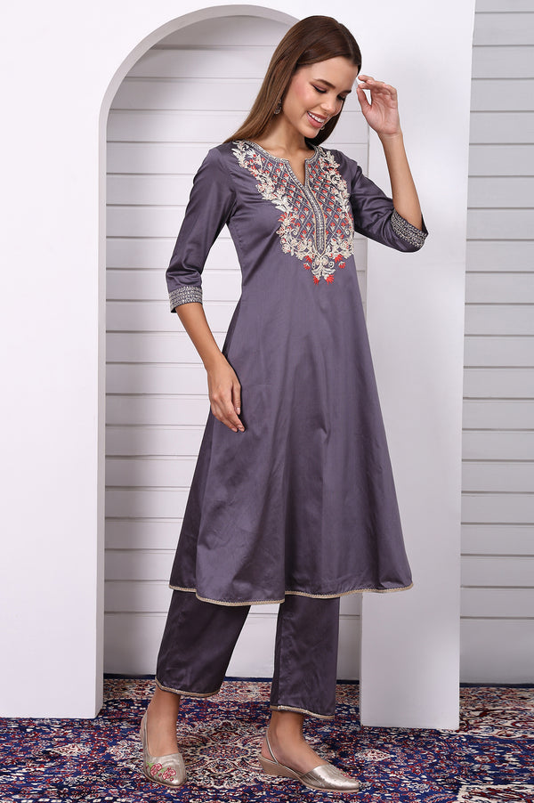 Purple Zari Embroidered Rayon A-line Kurta, Palazzo and Dupatta Set
