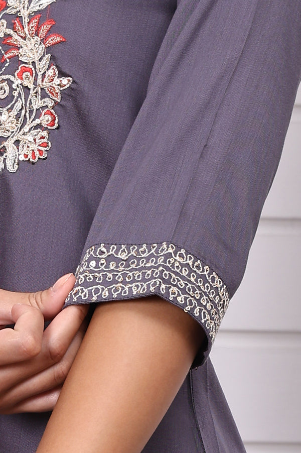 Purple Zari Embroidered Rayon A-line Kurta, Palazzo and Dupatta Set