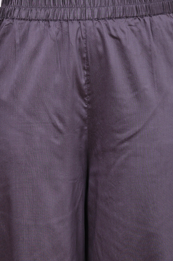 Purple Zari Embroidered Rayon A-line Kurta, Palazzo and Dupatta Set