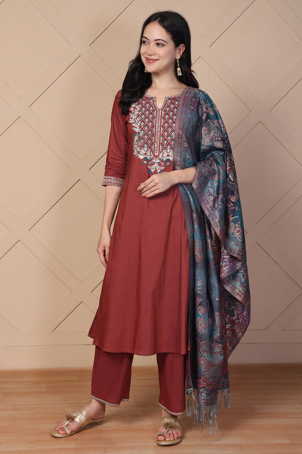 Maroon Embroidered A-Line Rayon Kurta with Palazzo and Dupatta Set