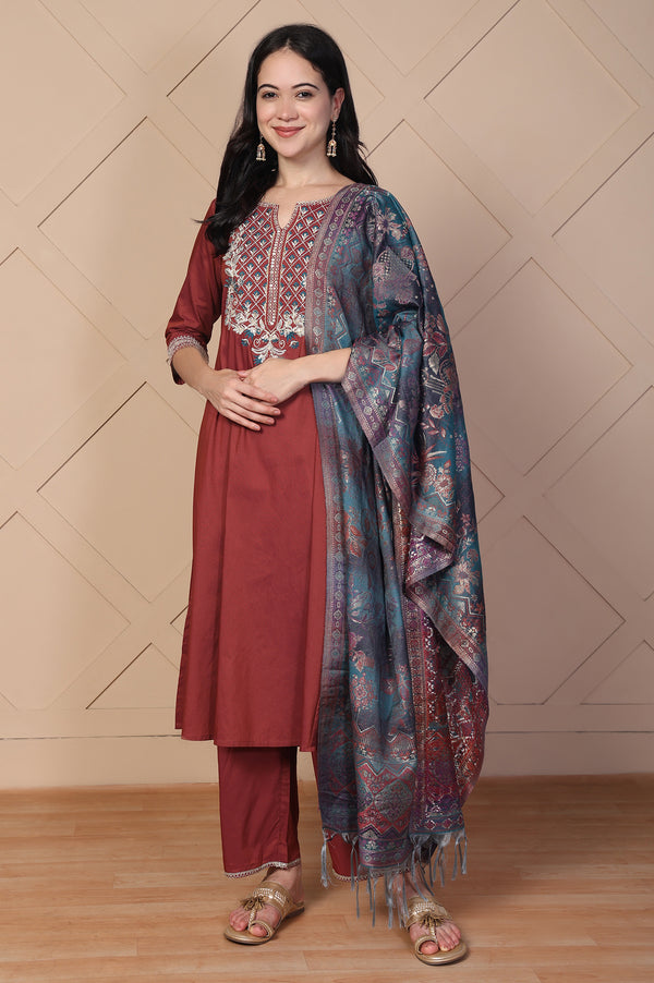 Maroon Embroidered A-Line Rayon Kurta with Palazzo and Dupatta Set