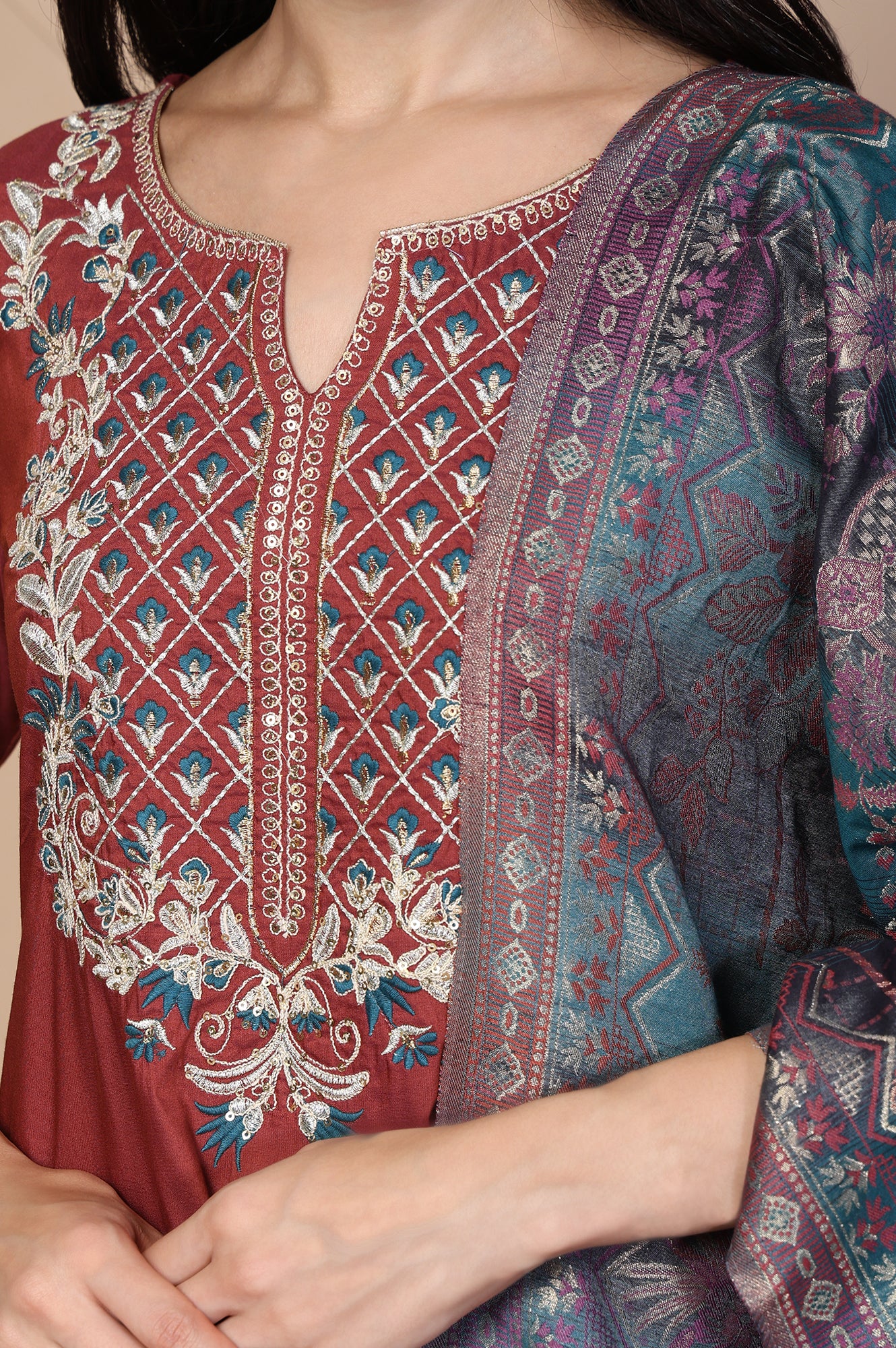Maroon Embroidered A-Line Rayon Kurta with Palazzo and Dupatta Set