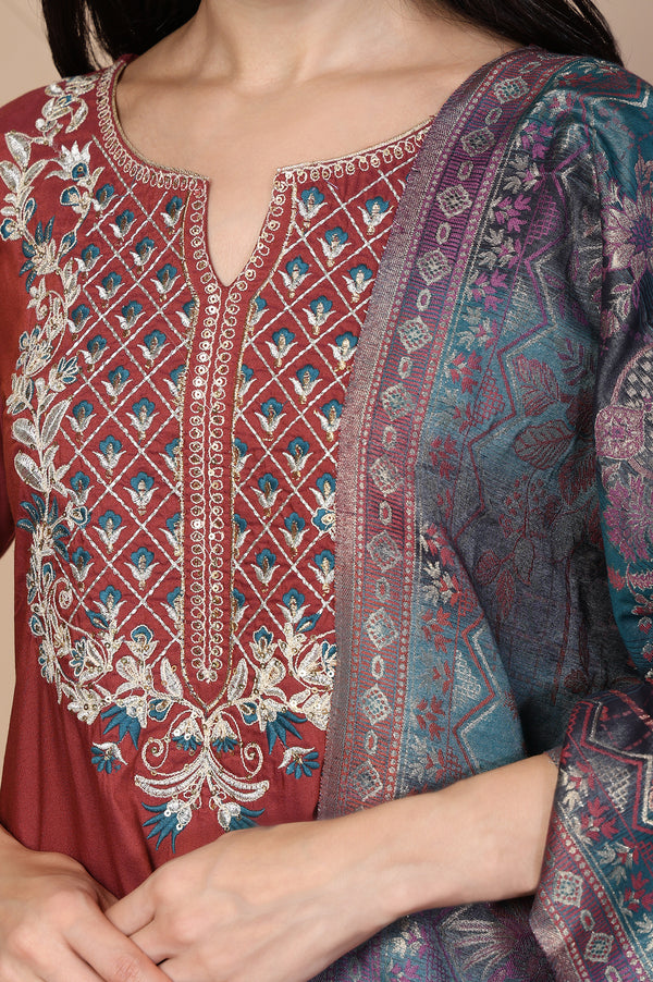Maroon Embroidered A-Line Rayon Kurta with Palazzo and Dupatta Set