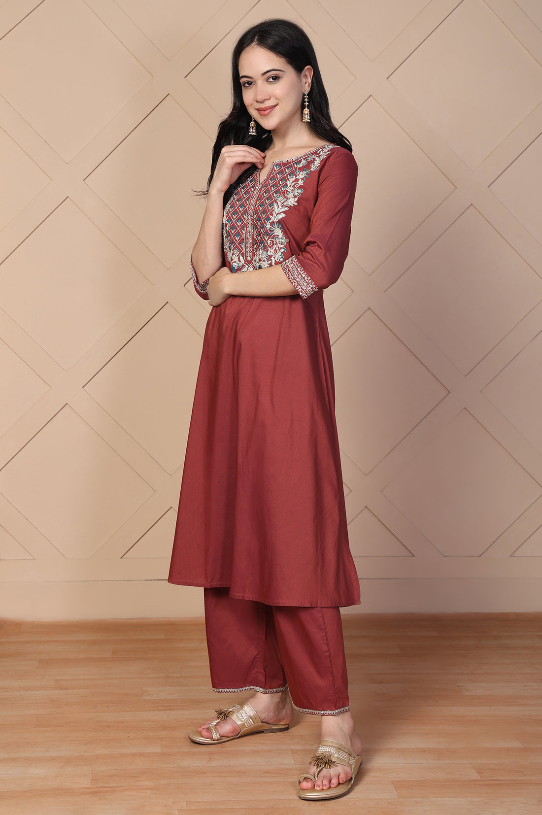 Maroon Embroidered A-Line Rayon Kurta with Palazzo and Dupatta Set