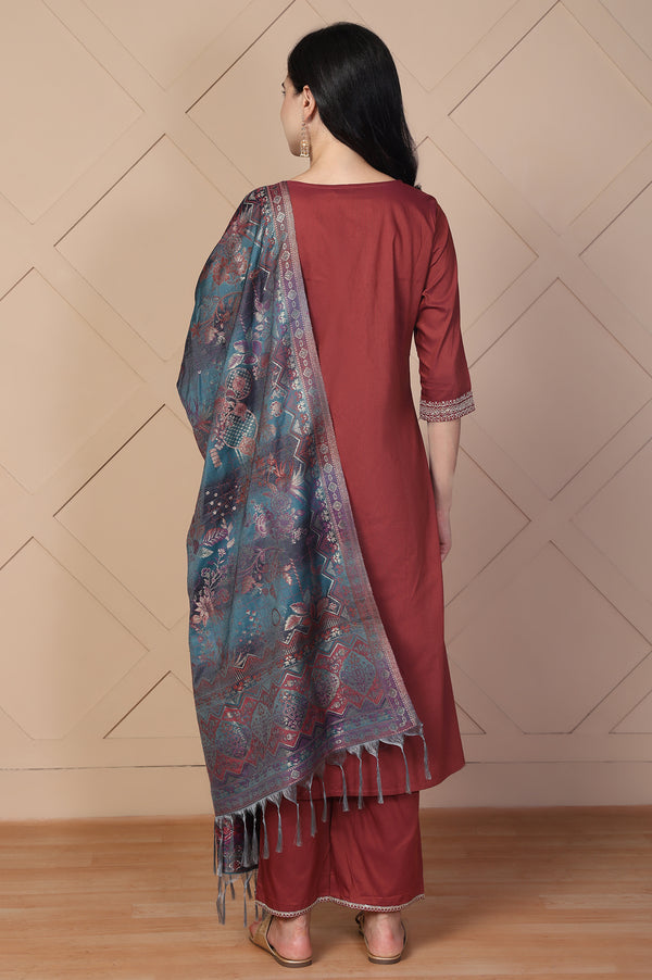 Maroon Embroidered A-Line Rayon Kurta with Palazzo and Dupatta Set