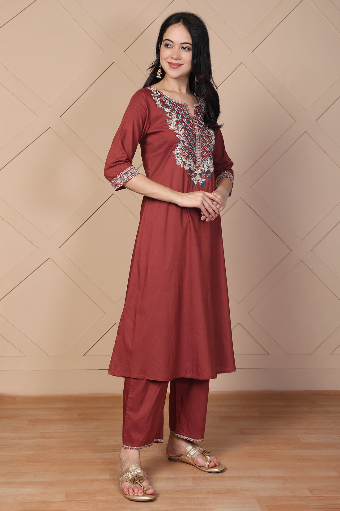 Maroon Embroidered A-Line Rayon Kurta with Palazzo and Dupatta Set
