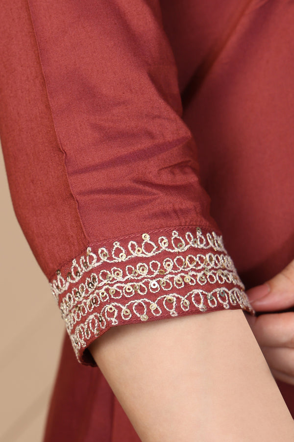 Maroon Embroidered A-Line Rayon Kurta with Palazzo and Dupatta Set