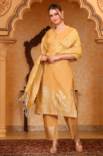 Yellow Foil Printed Festive Straight Kurta, Trousers and Dupatta Set
