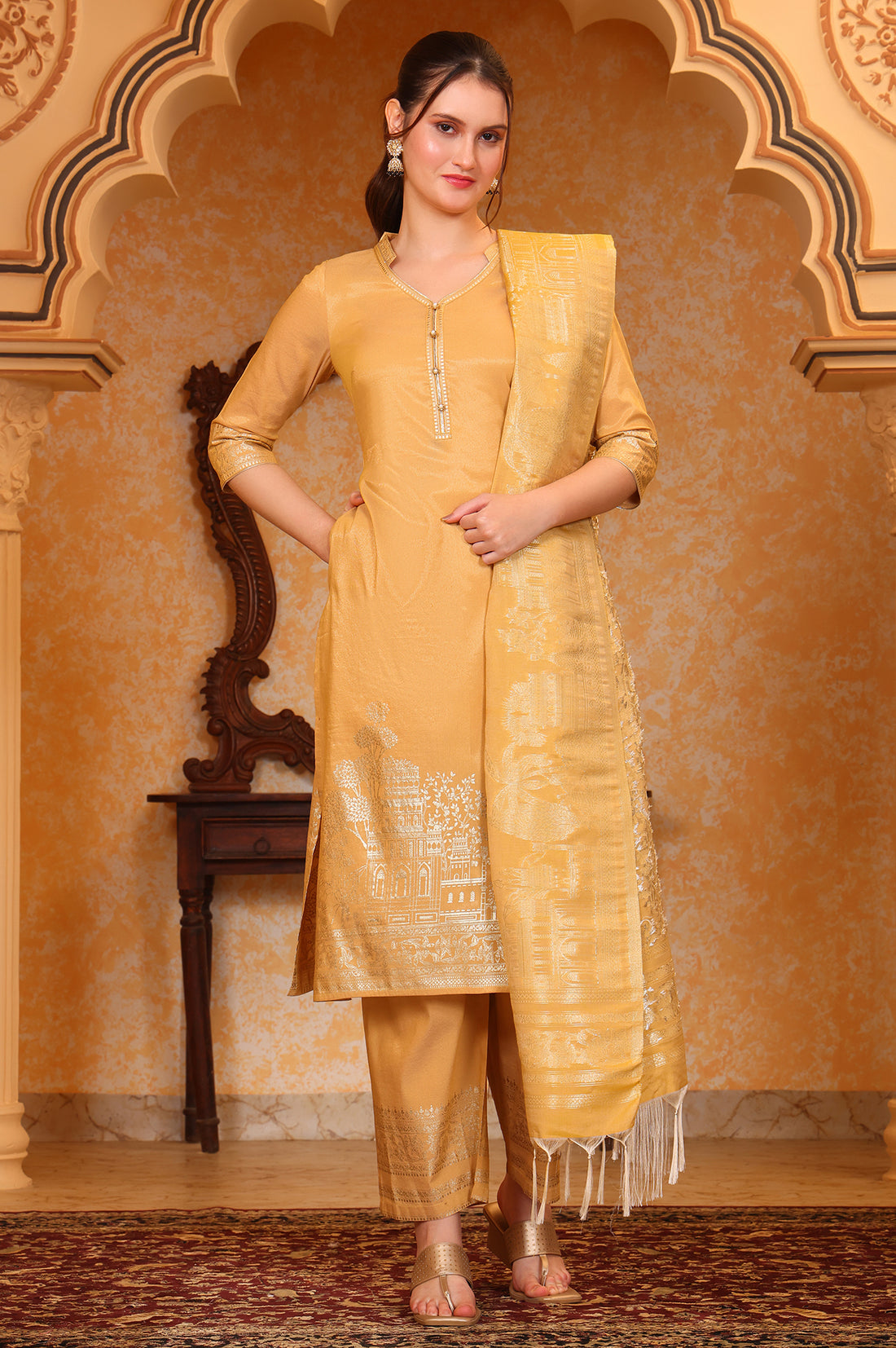 Yellow Foil Printed Festive Straight Kurta, Trousers and Dupatta Set