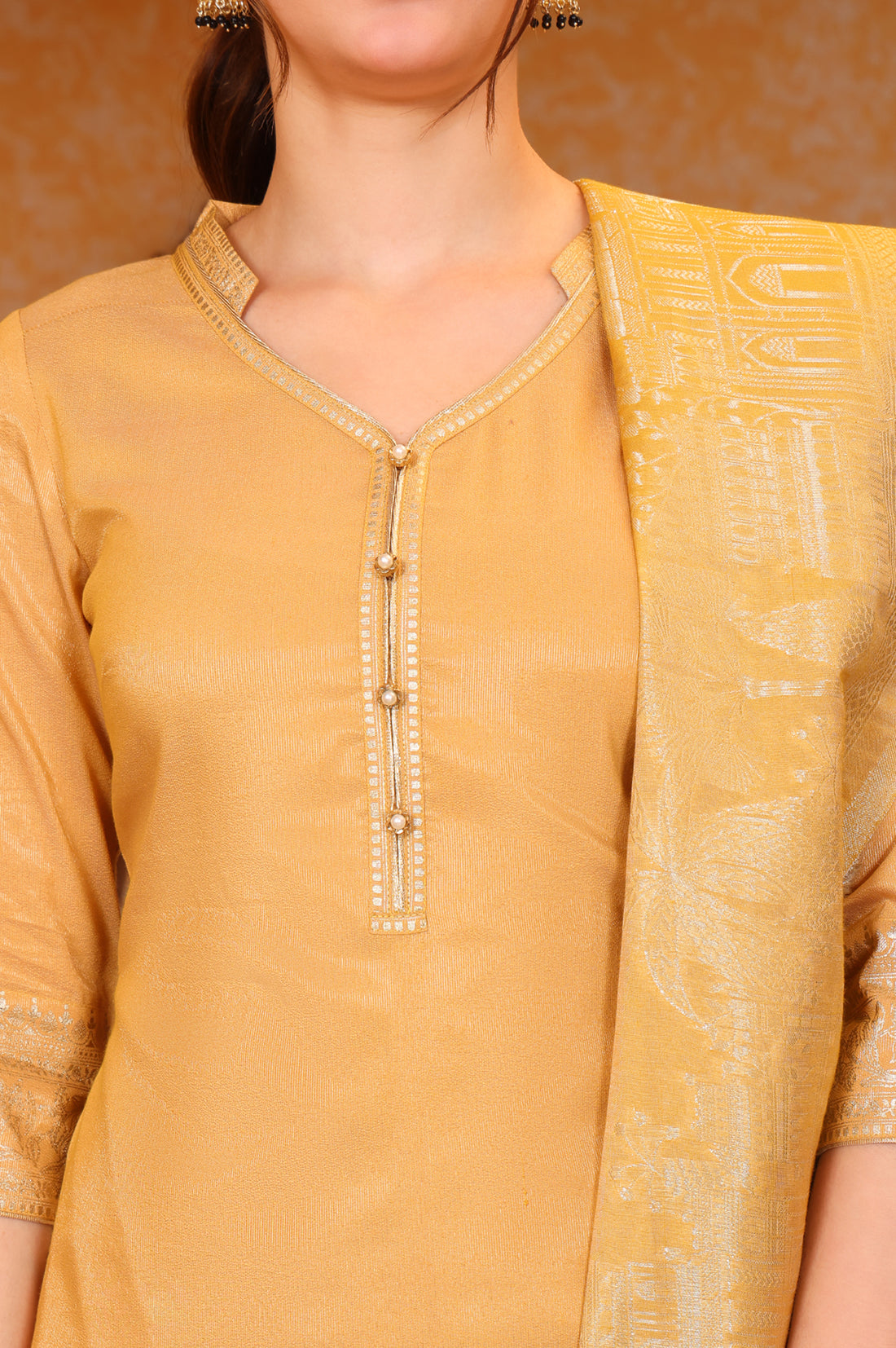 Yellow Foil Printed Festive Straight Kurta, Trousers and Dupatta Set