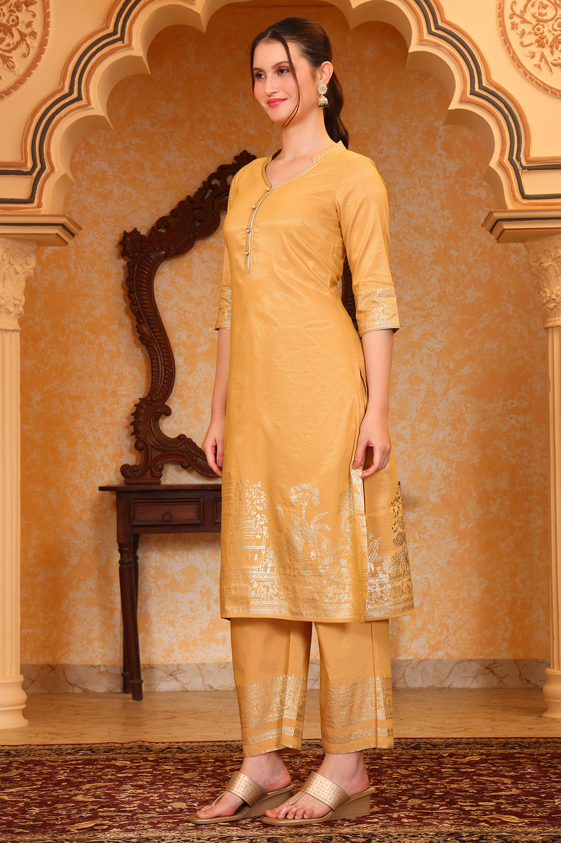 Yellow Foil Printed Festive Straight Kurta, Trousers and Dupatta Set