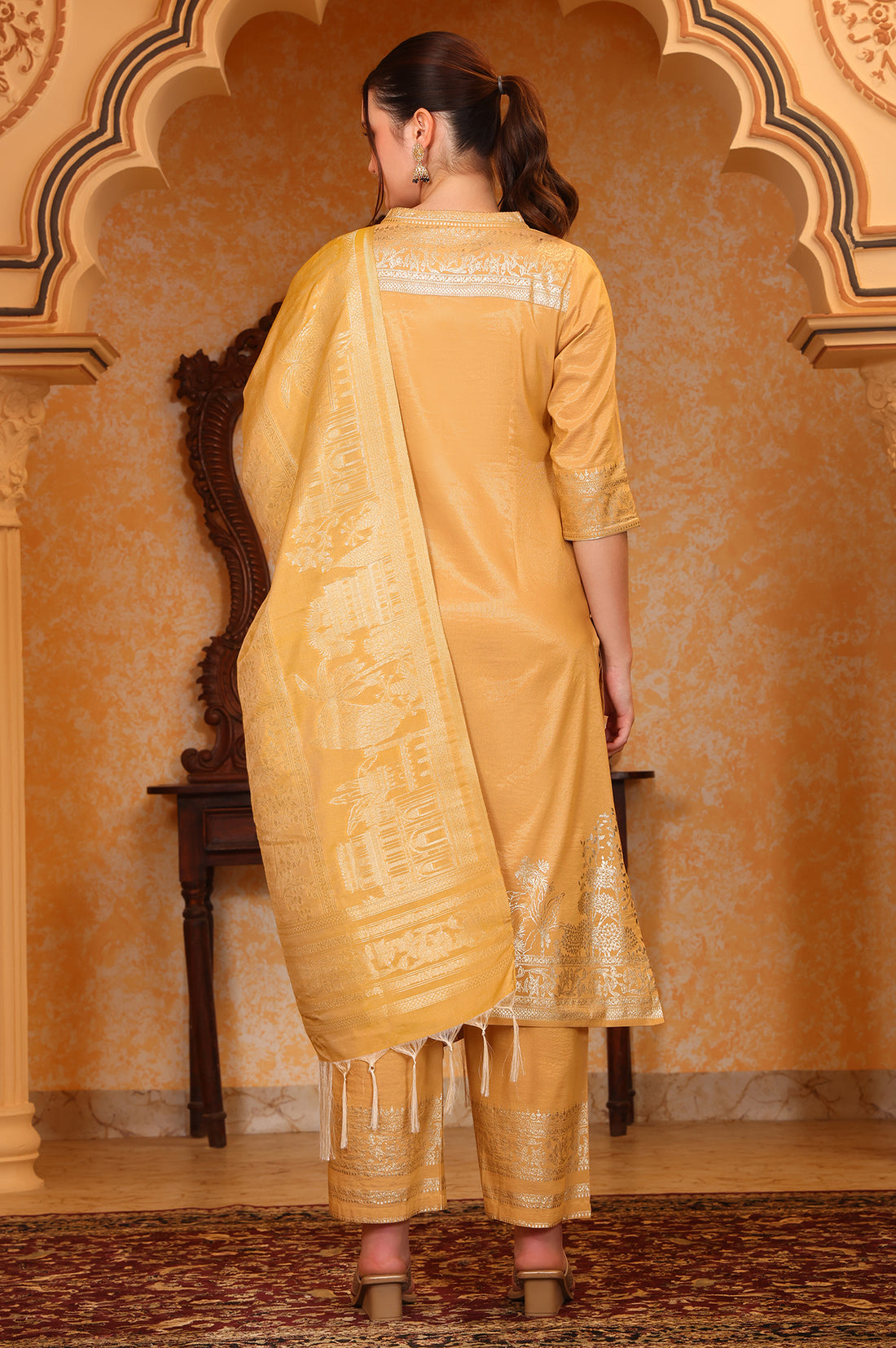 Yellow Foil Printed Festive Straight Kurta, Trousers and Dupatta Set