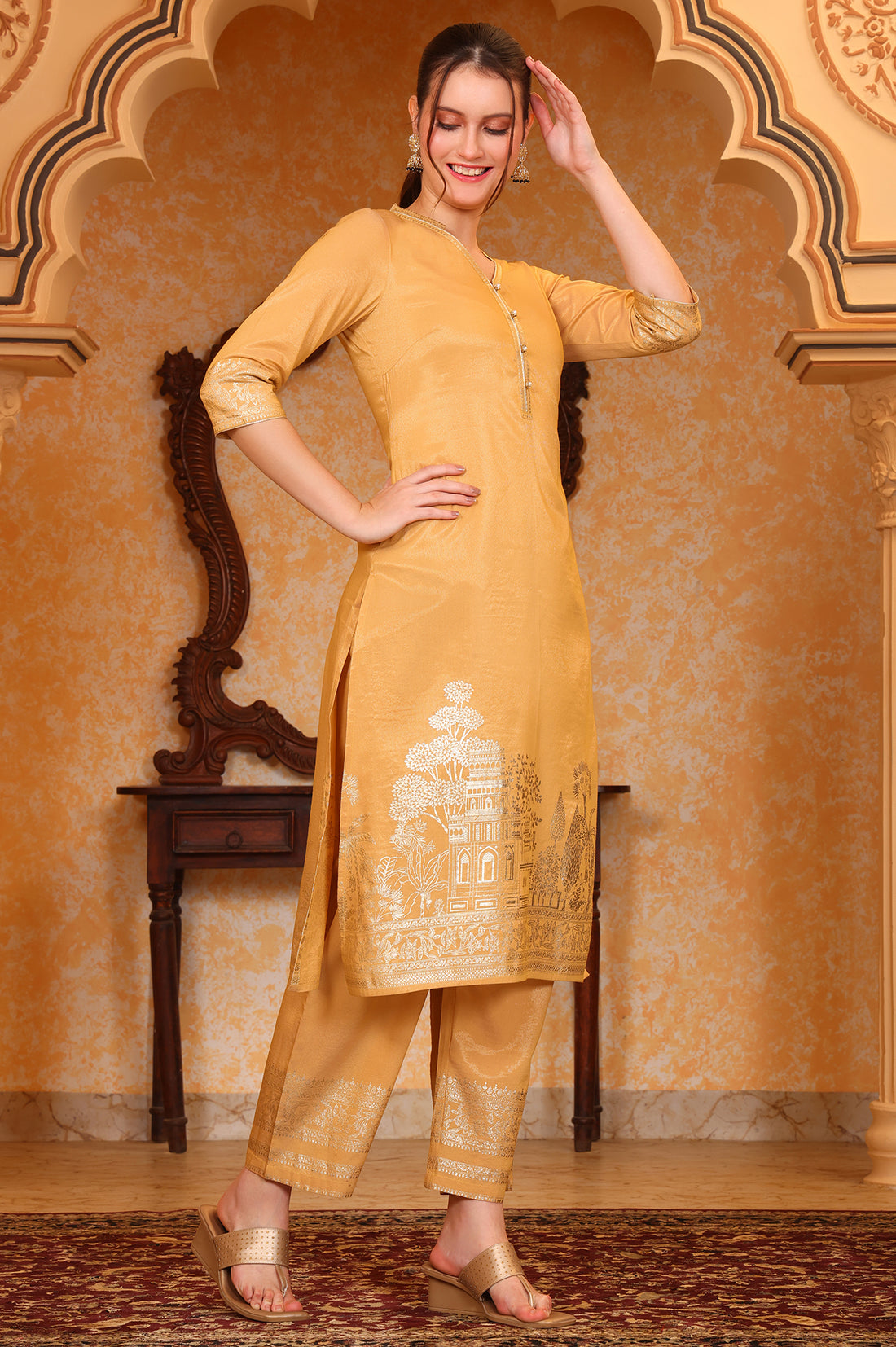 Yellow Foil Printed Festive Straight Kurta, Trousers and Dupatta Set
