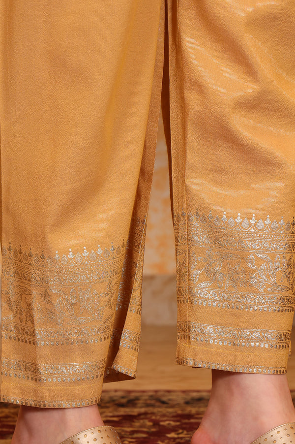 Yellow Foil Printed Festive Straight Kurta, Trousers and Dupatta Set